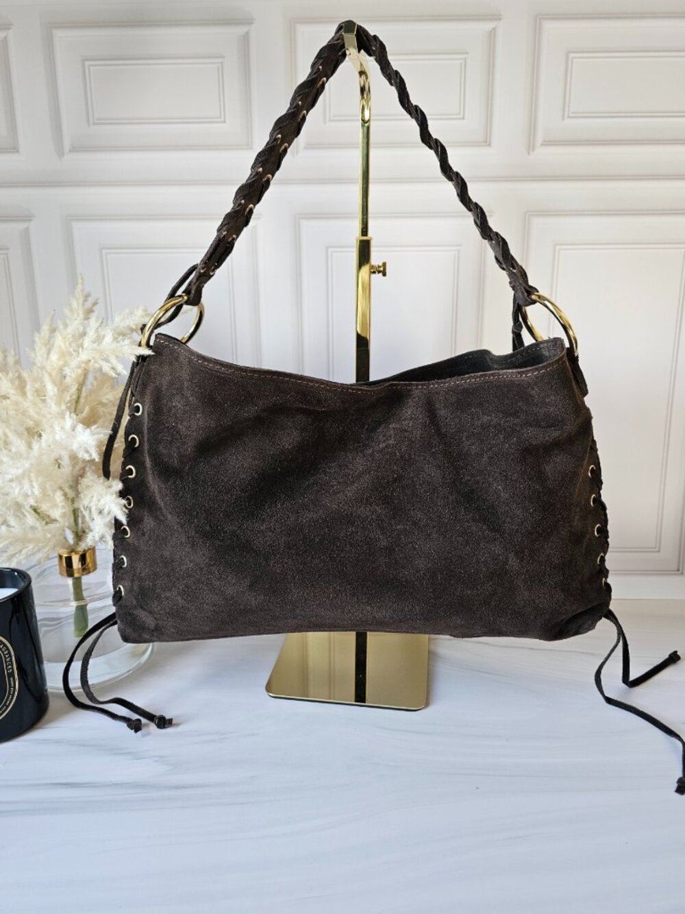 Dark Brown Suede Hobo Shoulder Bag, Slouchy Italian Leather Purse, Braided Strap